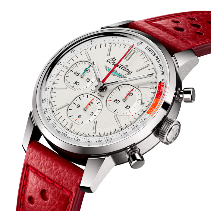 The 1960s was a decade of experimentation, fun, freedom and energy. Whether cruising on a motorcycle or revving up a sportscar, living life at full speed was the order of the day. Willy Breitling felt this change of pace and set out to design an unconventional chronograph that would capture the verve of era. He called it the Top Time.
That spirited tradition continues today with Breitling partnering with some of the coolest names in wheels to create its Top Time designs. The Ford Thunderbird was first unveiled at the 1954 Detroit auto show. It was touted as a fun-to-drive cabriolet that made its presence felt with its luxurious design, solid build and dramatic tailfin. 
The Top Time B01 Ford Thunderbird features the colors and emblem of its classic-car counterpart as well as a perforated leather racing strap, speed-measuring tachymeter scale and contrasting “squircle” (not quite square, not quite round) subdials that give the feel of vintage dashboard gauges. It also comes with a brag-worthy engine under the hood: the exceptional Breitling Manufacture Caliber 01.